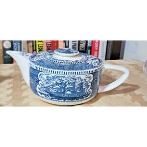 Royal China Currier Ives Teapot Coffee Pot Clipper Ship Tuskay Light Excellent